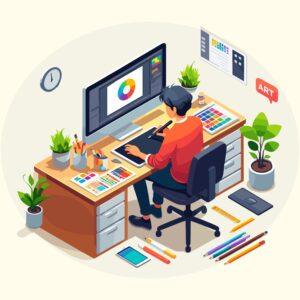 A man is seated at a desk, using a computer and a monitor for his work.