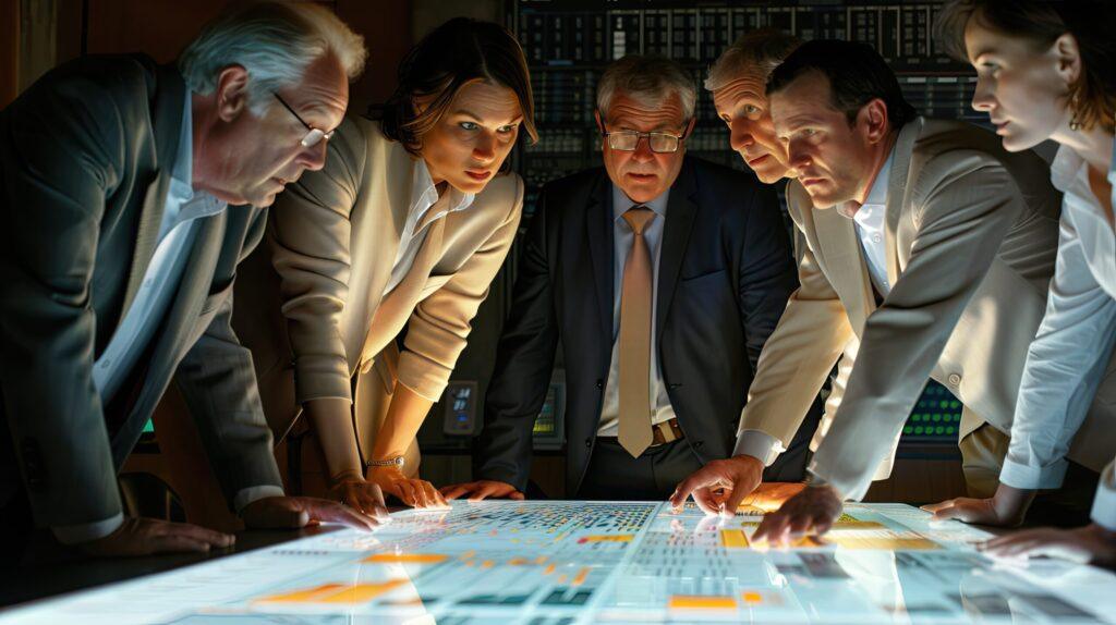A team of business individuals focused on a computer screen, sharing insights and strategies during a meeting.