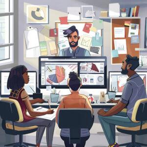 Several people engaged in work at a desk, each using a computer in a shared workspace setting for branding