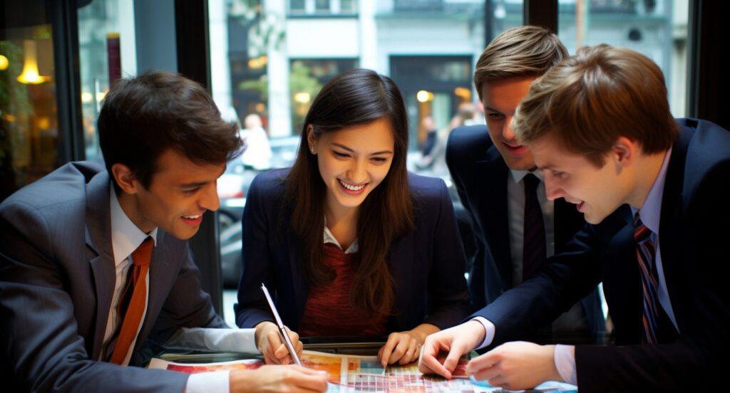Four business professionals are gathered around a table, intently examining a colorful board game.