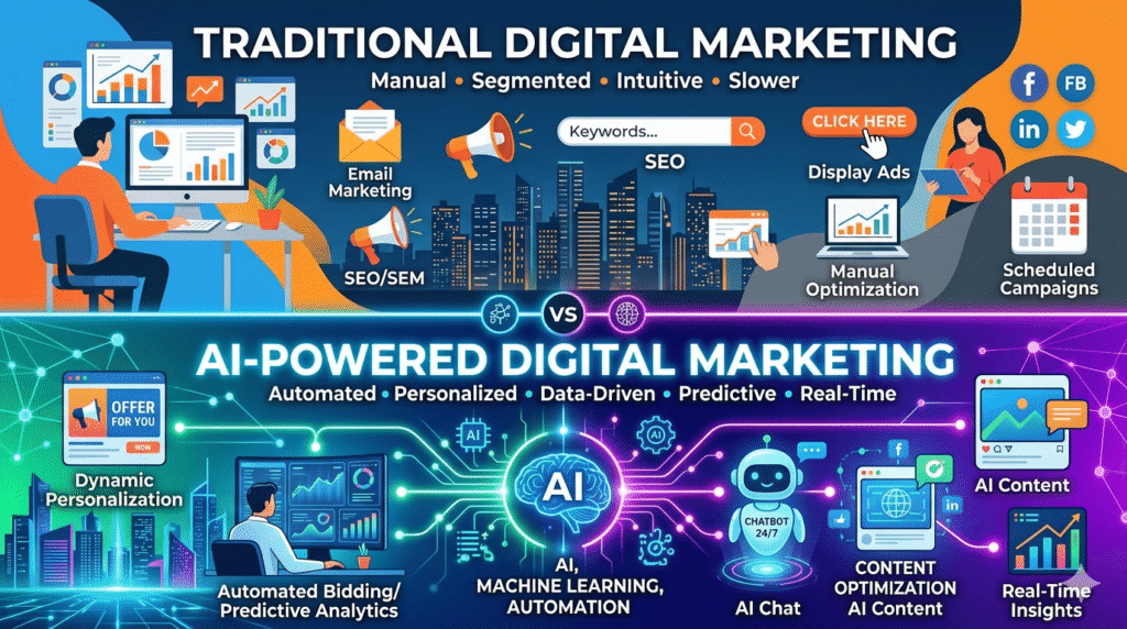 Poster show the difference between traditional vs ai digital marketing