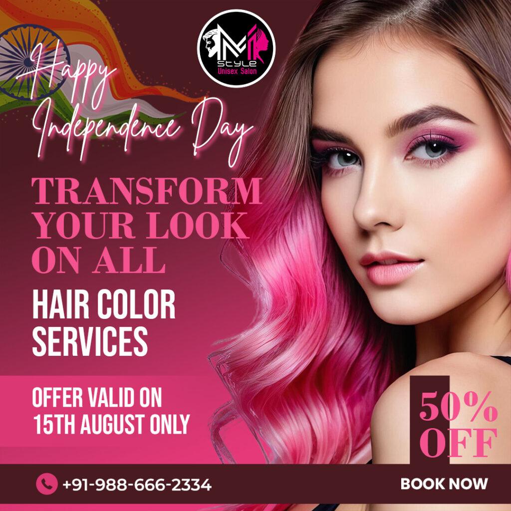 style unisex salon promoting a hair color service featuring a model with vibrant pink hair.