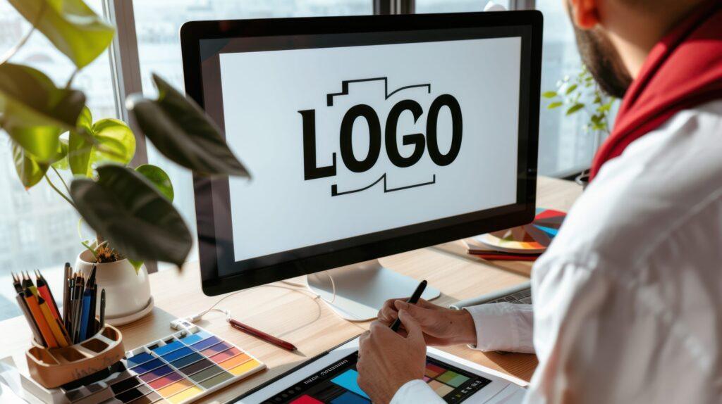 Creative logo design for a business, highlighting a stylish emblem and a professional color palette for brand identity.