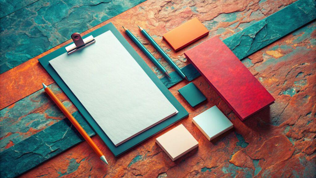 A wooden table displaying a clipboard, a pen, and a piece of paper arranged neatly.