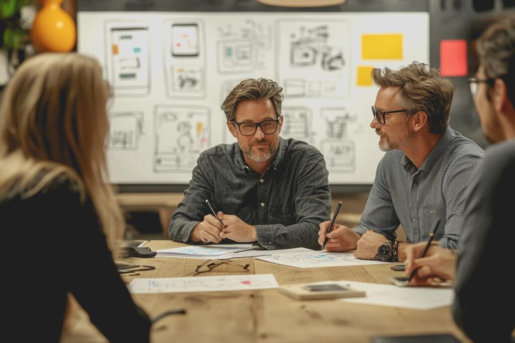 A group of people around a table, collaborating with papers and pens scattered across the surface.