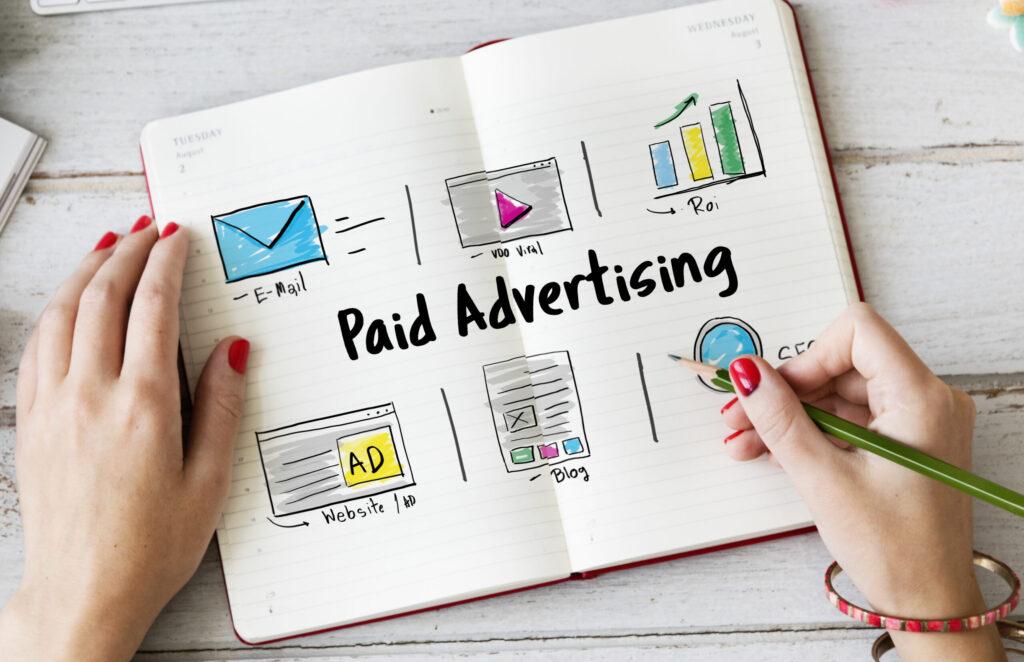 Image illustrating steps to obtain paid advertising, featuring a checklist and marketing icons.