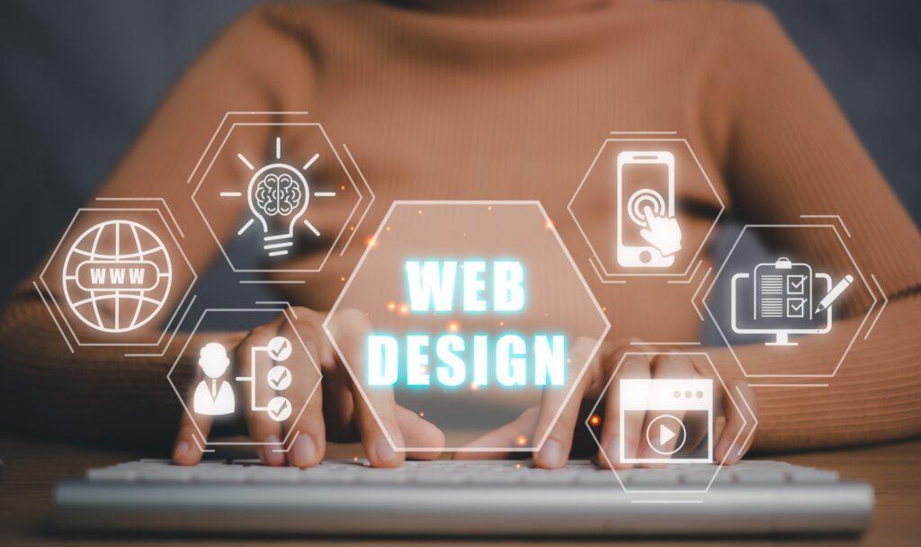 A digital mockup showcasing a modern web design concept with layout elements and color palettes.