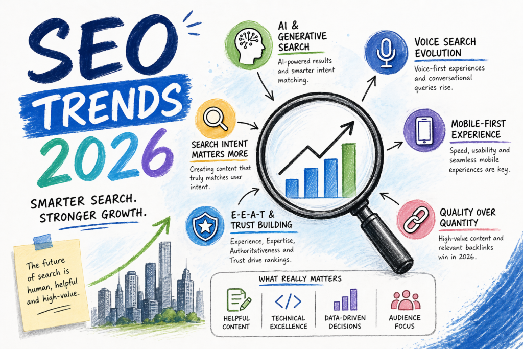 Hand-drawn illustrated banner showing SEO Trends 2026 with doodle icons for AI search, voice search, mobile-first experience, E-E-A-T trust, search intent, and quality content around a magnifying glass and growth chart.