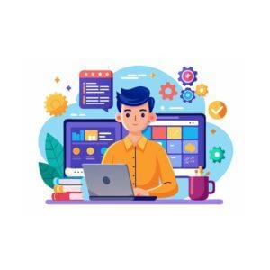 A man is seated at a desk, using his laptop, with various icons displayed around him.