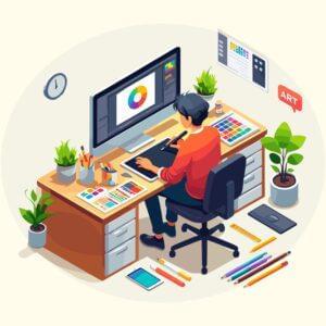 A man is seated at a desk, using a computer and a monitor for his work.