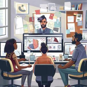 Several people engaged in work at a desk, each using a computer in a shared workspace setting for branding